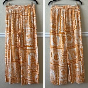 Linen Blend Tropical Caribbean Print Wide Leg Elastic Waist Pull On Pants Medium